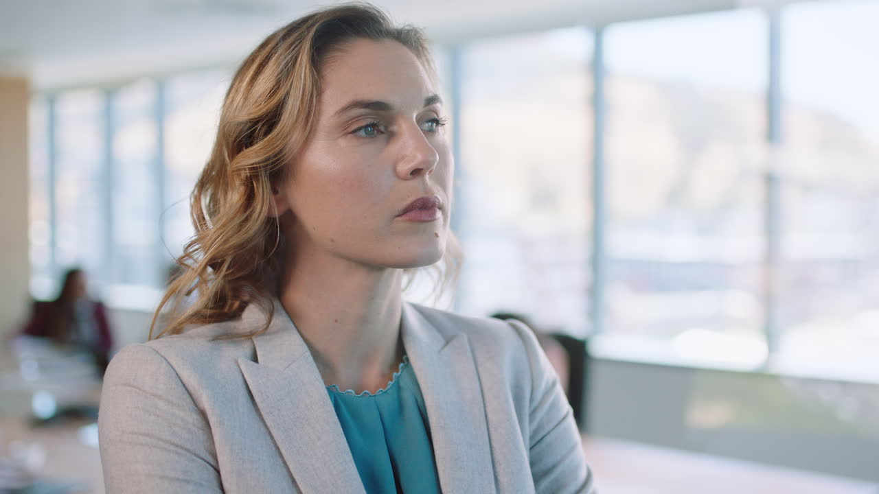 portrait beautiful business woman executive looking serious planning ahead confident female entrepreneur enjoying leadership proud manager in office boardroom 4k