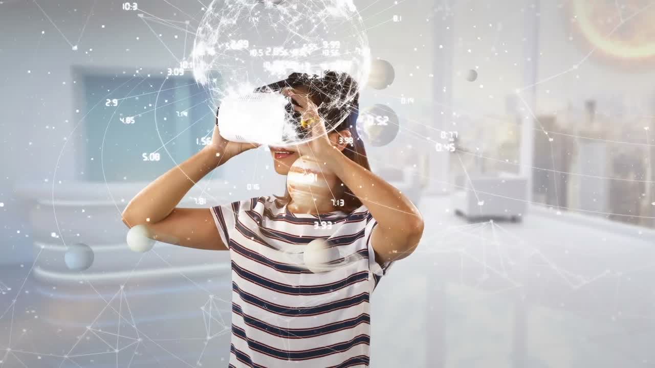 animación de globo con números sobre mujer de negocios caucásica usando auriculares vr