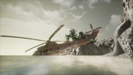 old rusted military helicopter near the island