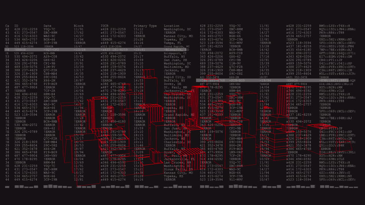 animación del paisaje urbano sobre el procesamiento de datos en fondo oscuro