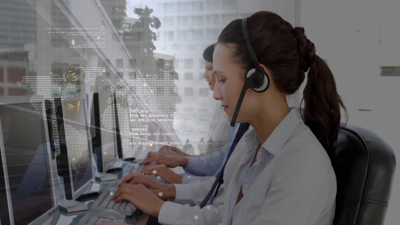 animación de diversas personas de negocios en la oficina sobre el paisaje urbano