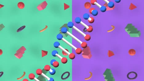 Animation-of-moving-shapes-and-dna-strand-on-blue-background