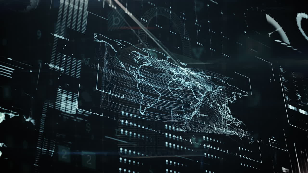 Animation of data processing and scanning over world map on screen