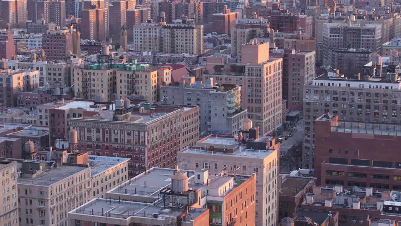 Aerial view apartment buildings in Manhattan. Shot at dusk on Manhattan’s Upper West Side.