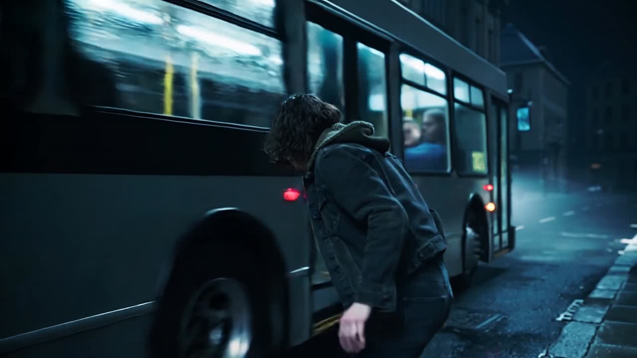 Hætteklædt kvinde løber på en våd bygade, griber en busdør, der er ved at lukke, mens hun jagter bussen for at komme om bord.
