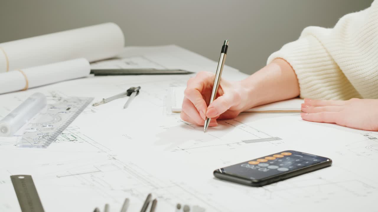 Person working on architectural blueprints with a smartphone calculator