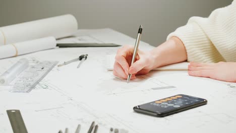 person working on architectural blueprints with a smartphone calculator