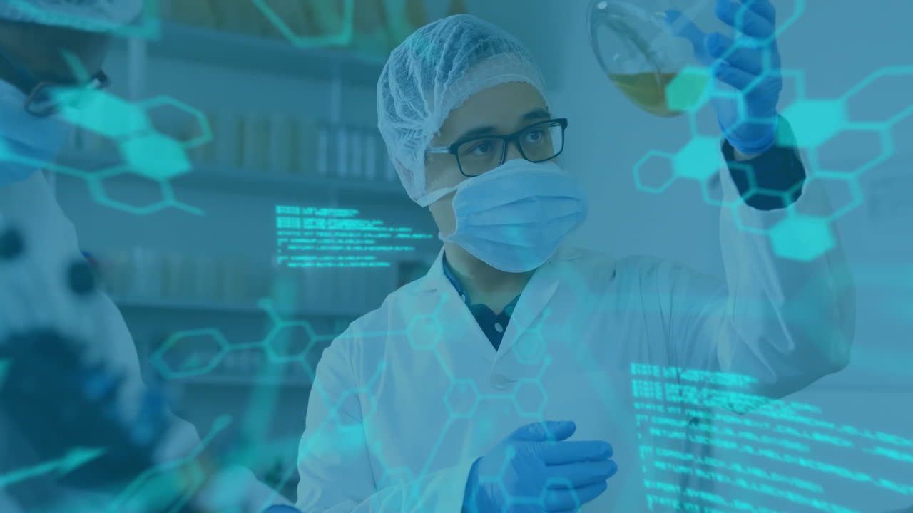 animación del procesamiento de datos científicos sobre un científico caucásico en el laboratorio.