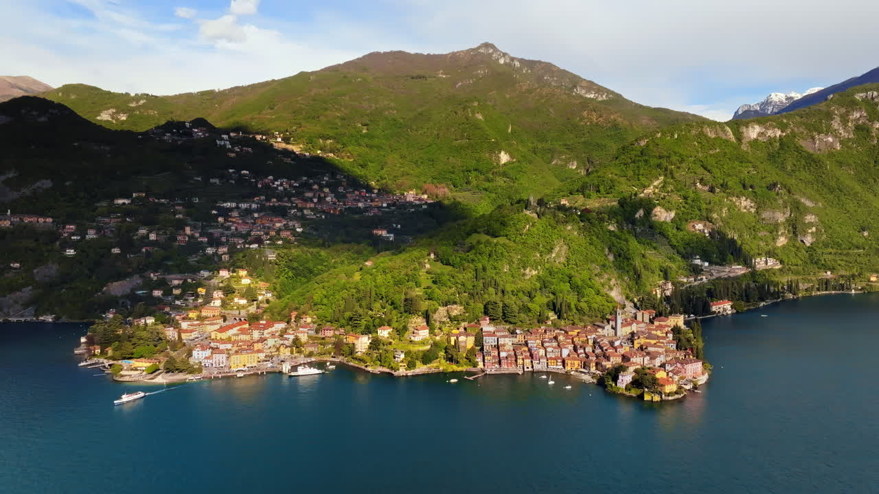 Aerial drone view of Varenna, Lake Como, Italy