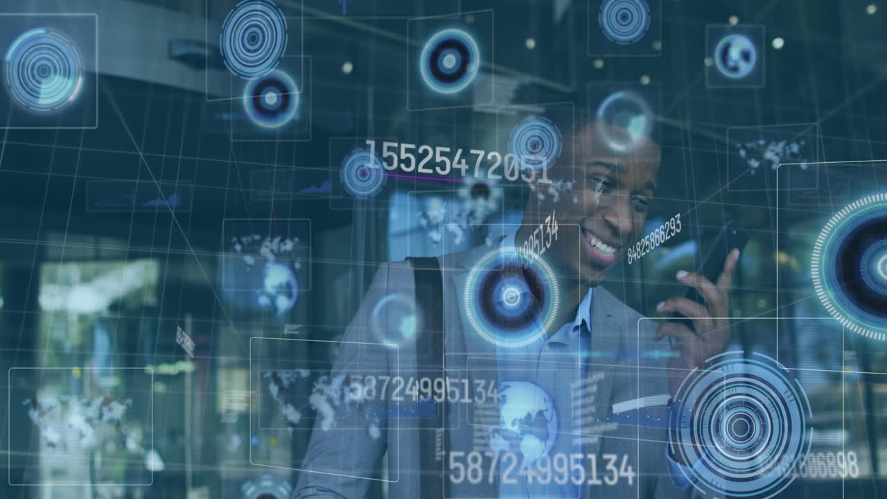 Animation of data processing and scope scanning over african american businessman