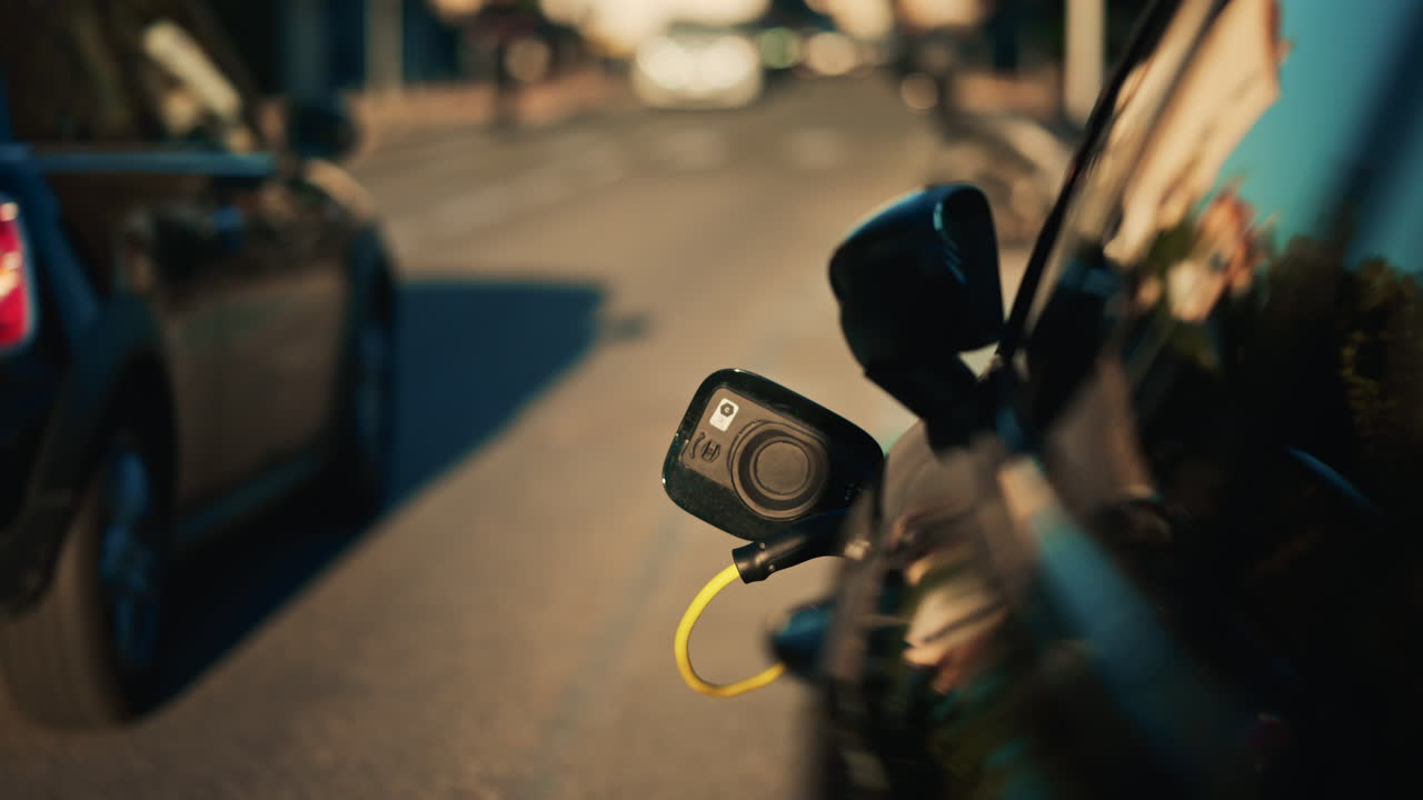 Electric car plugged into a charging port on the side of a city road, with evening traffic and headlights blurred in the background