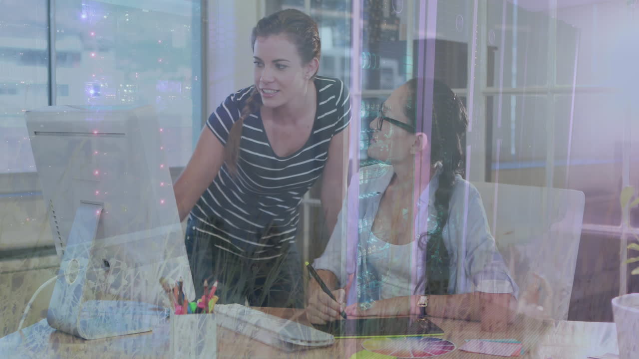 animación del paisaje urbano y procesamiento de datos con servidores informáticos en segundo plano.