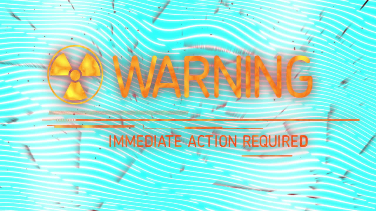 Warning and immediate action required text animation over wavy blue lines background