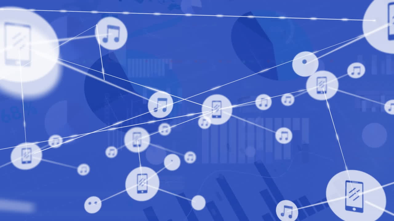 파란색 배경에 대한 통계 데이터 처리에 대한 디지털 아이콘 네트워크의 애니메이션