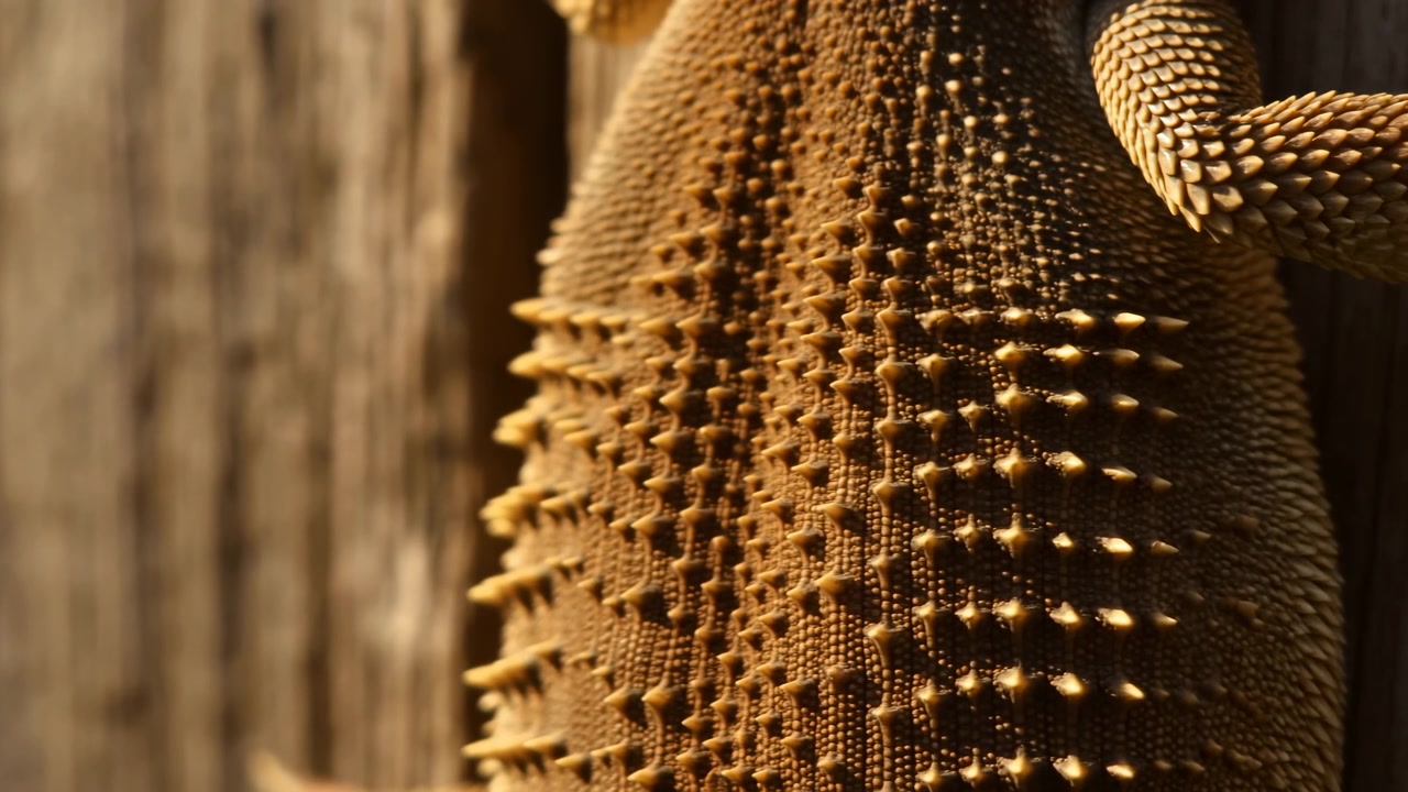 Vista macro estrema della pelle di rettile con densi tubercoli conici sotto una calda luce direzionale, che rivela profondità tattile, motivo organico e sottili sfumature tonali