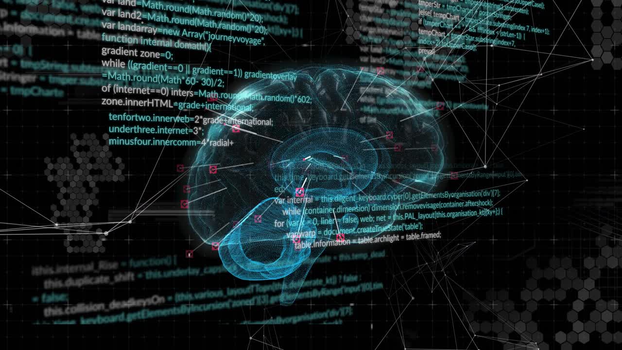 Code ping starting 3D brain rotating revealing lower loop while markers pulsing showing data flow