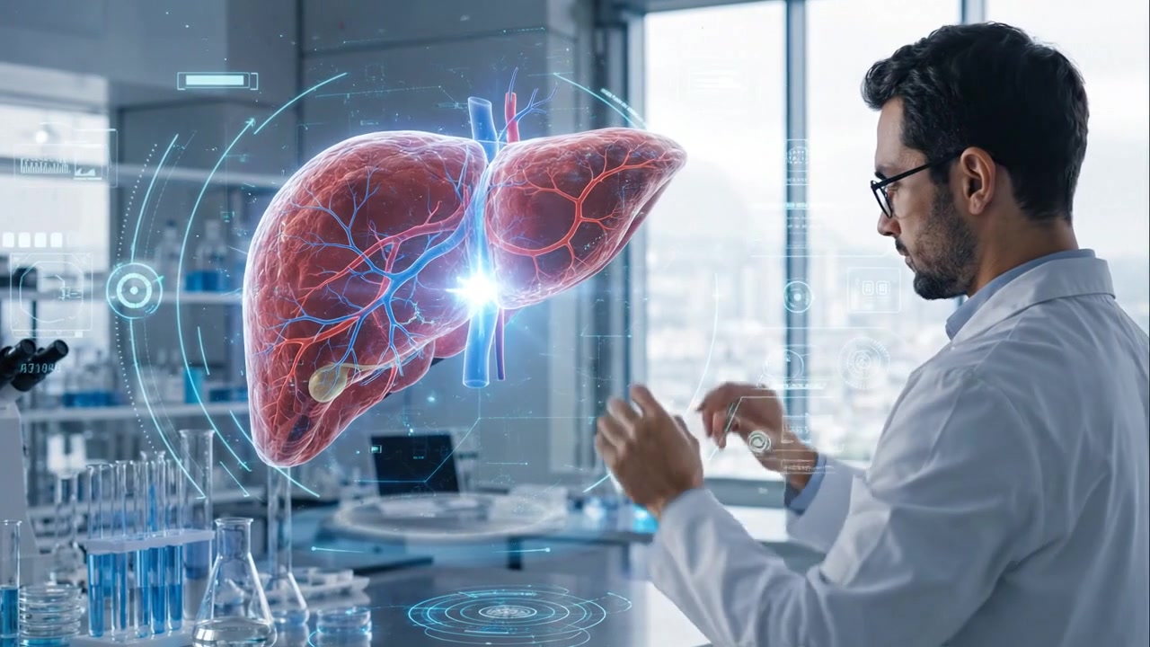 Medical researcher interacting with holographic liver visualization on transparent interface