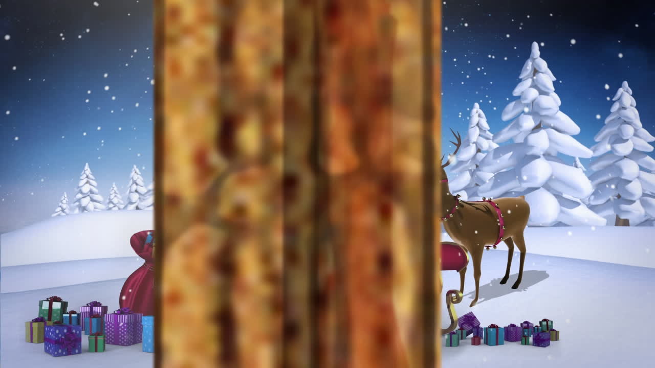 Animation of winter christmas scene with waving santa and reindeer seen through window