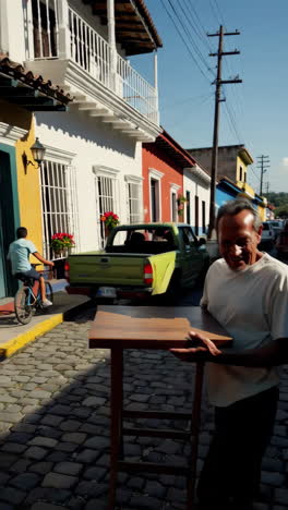 man carrying a table on a colorful cobblestone street