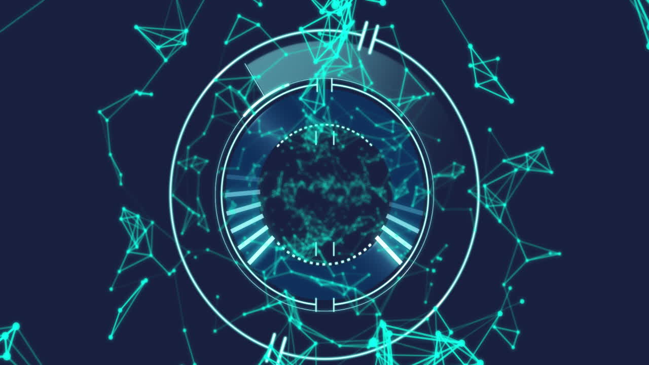 animación de un escáner redondo sobre una red de conexiones contra un fondo azul