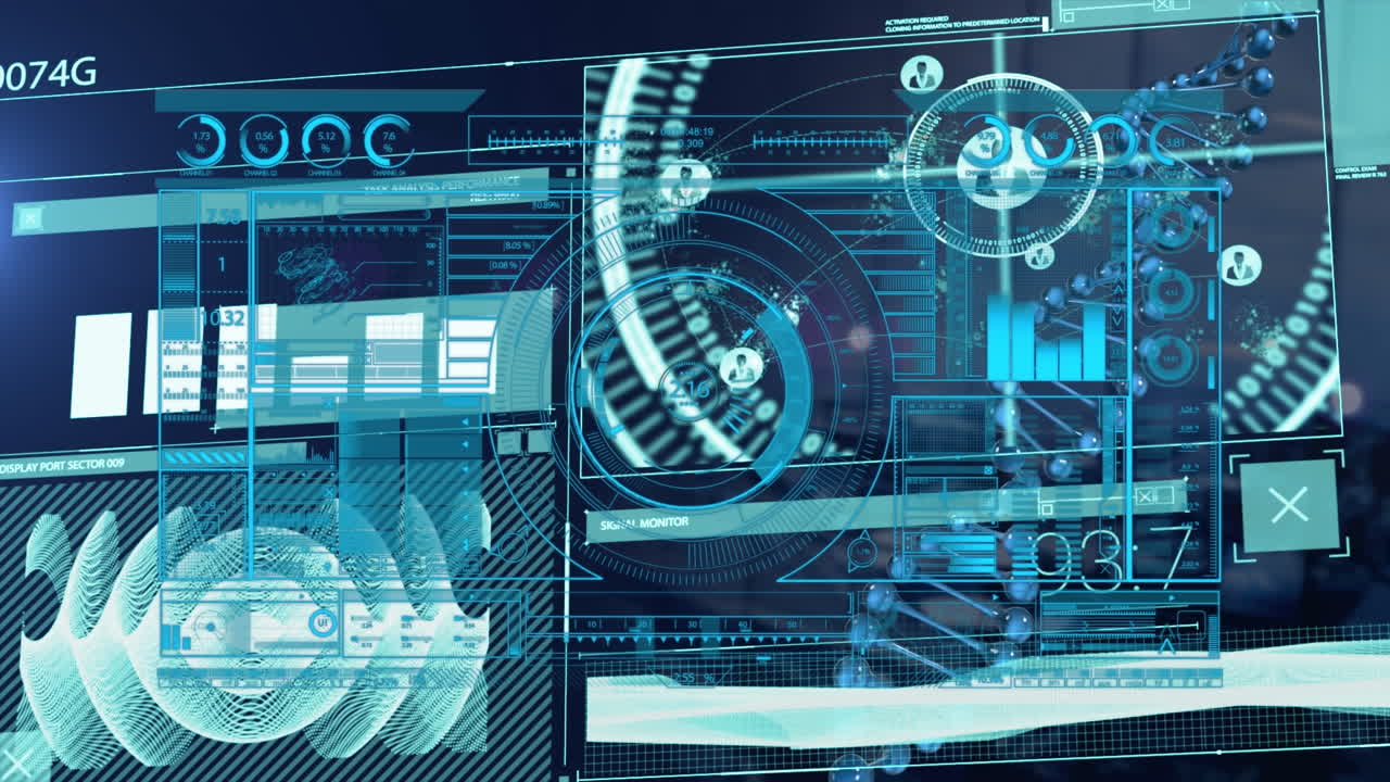 해군 배경에 대한 과학적 데이터와 함께 디지털 화면의 애니메이션