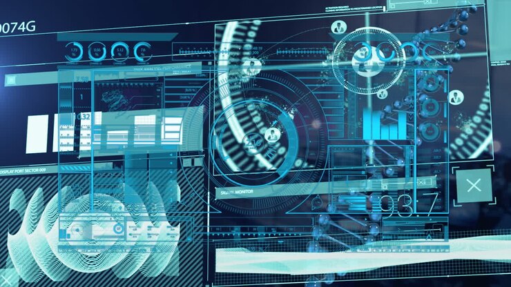 Animation of digital screen with scientific data on navy background