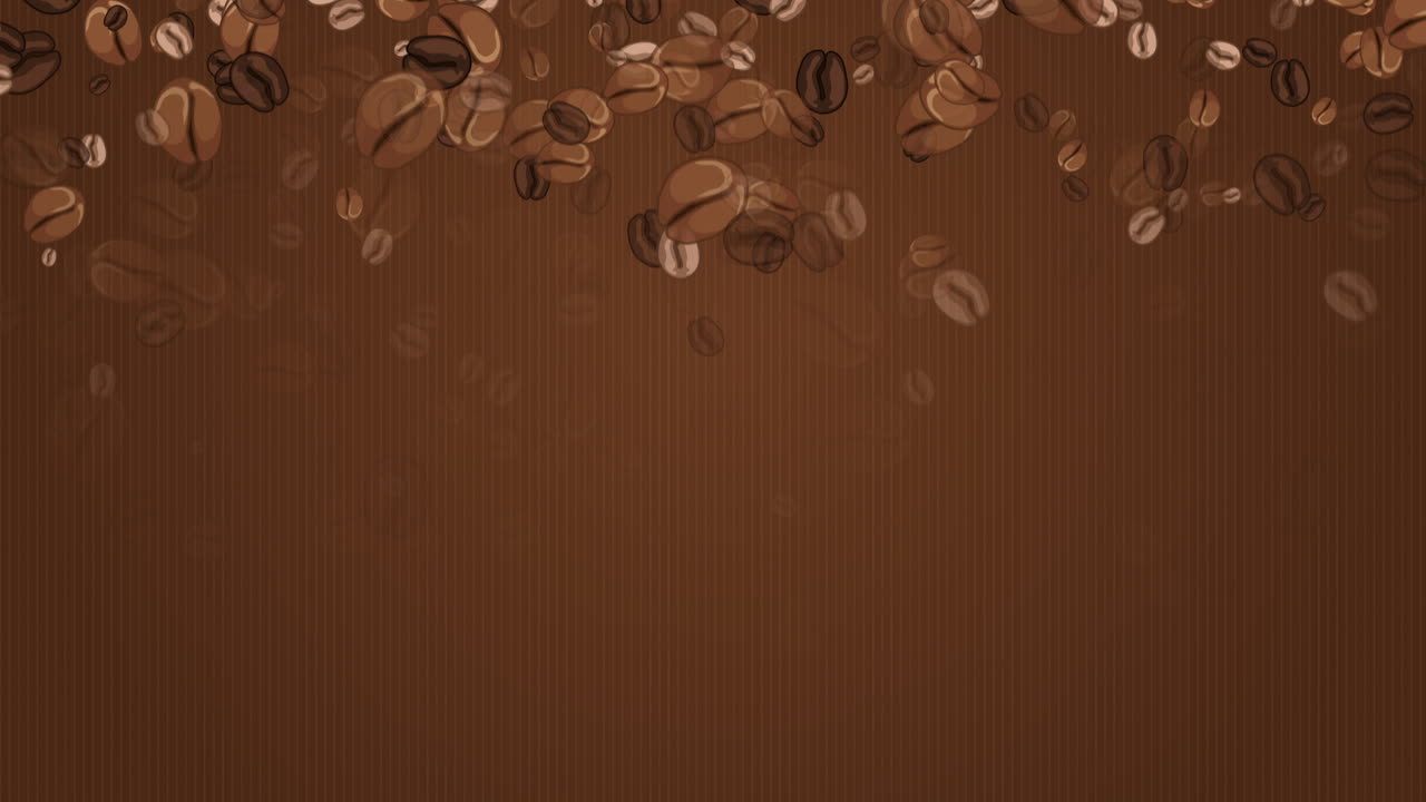 Seamless looping animation of drawn coffee beans falling from above on a brown soft background.