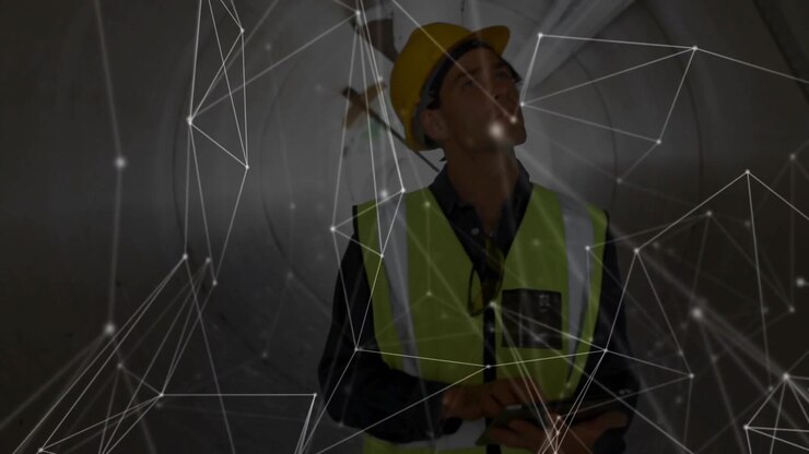 Construction engineer tapping tablet wearing helmet starting network overlay for mapping pipe