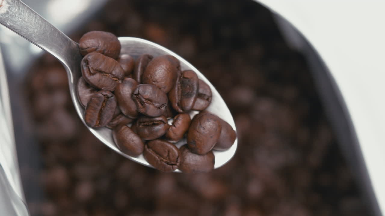 Barista saca una cucharadita de granos de café tostado del paquete.
