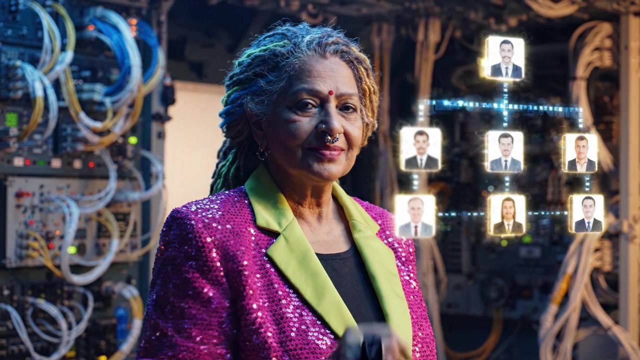A woman in a sequined jacket interacts with digital holograms amidst technological equipment, showcasing innovation in a futuristic environment.