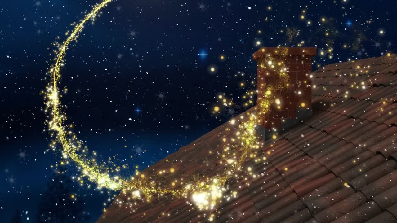 Animazione di neve che cade e fuoco d'artificio natalizio su un tetto.