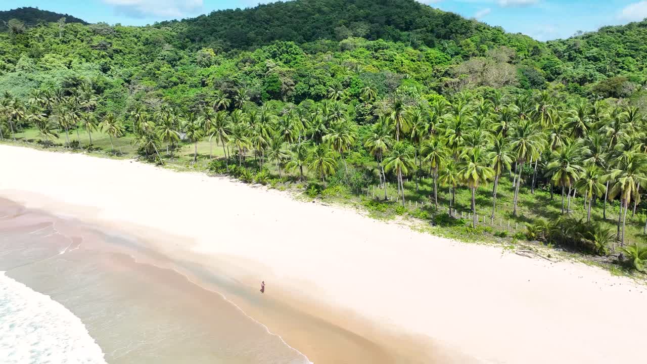 Dynamic drone circle around solo traveler alone on the long beach with palm trees. Nacpan Beach