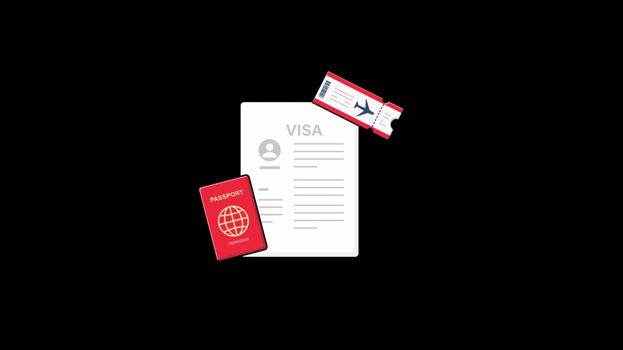 Animated Illustration of Visa Document, Passport, and Airplane Ticket