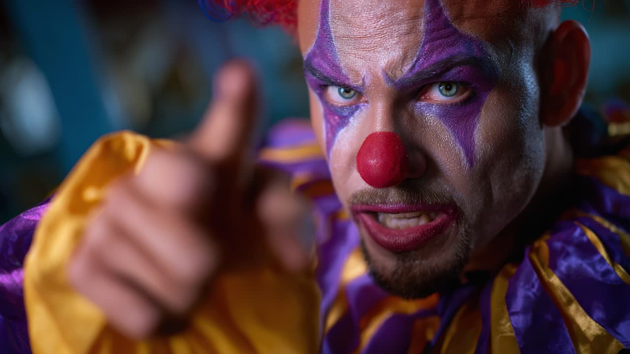Intense Clown Interaction: A Close-Up Look at a Colorful Clown with Bold Makeup and Expressive Features in a Dramatic Setting, Highlighting Emotion and Character