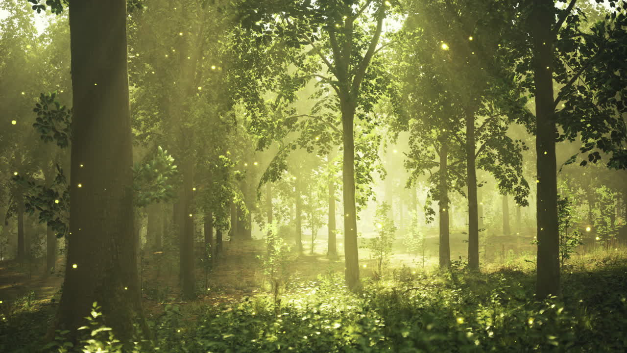 Light filtering through trees in a serene forest landscape during morning