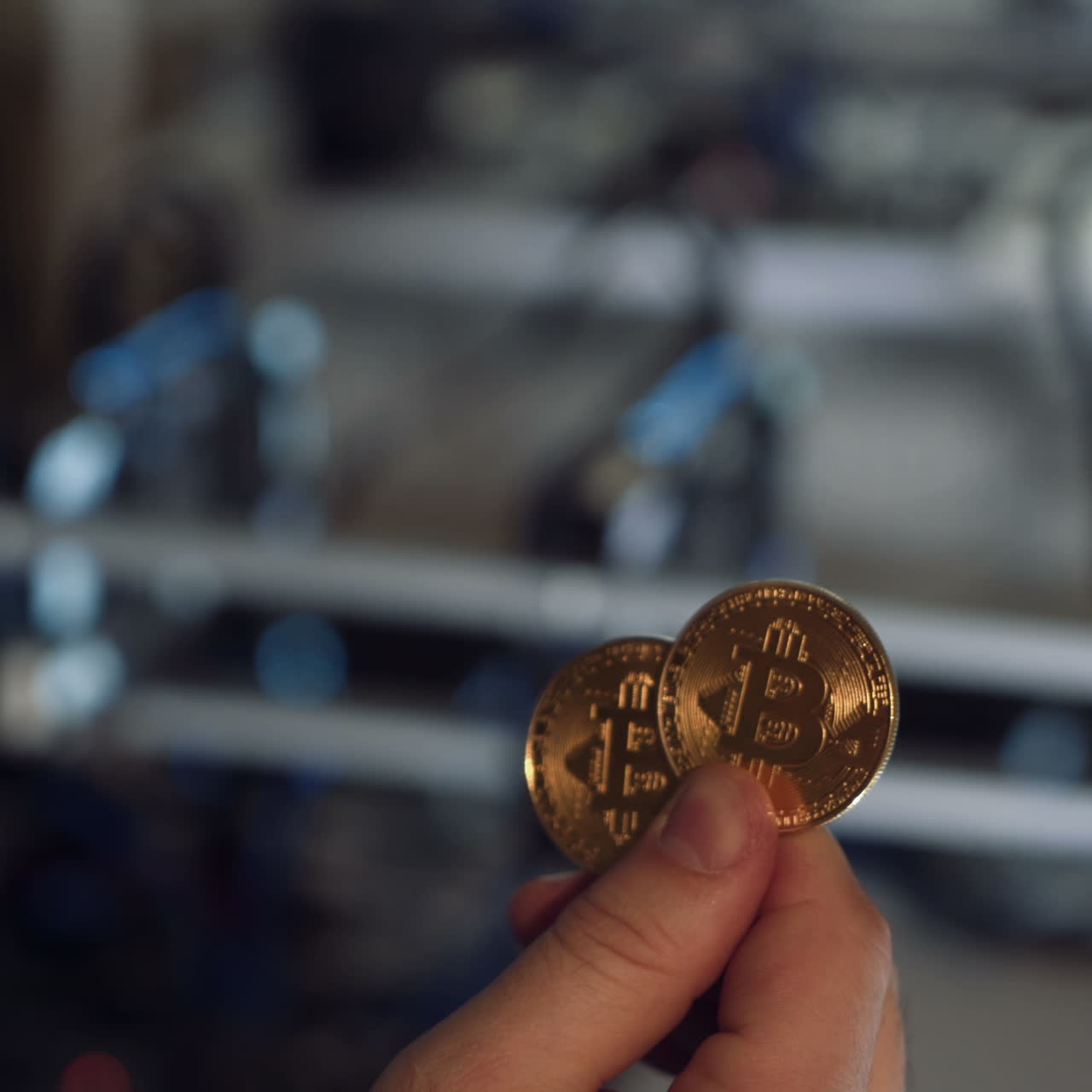 Golden Bitcoin in a man hand. Concept of mining. Electronic virtual money. Symbol of investment in cryptocurrency.