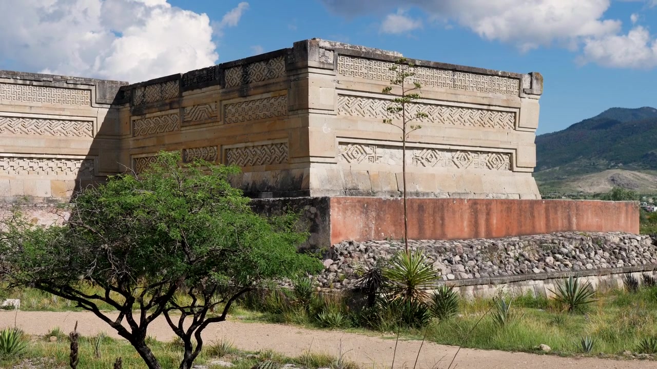 Paisaje en cámara lenta de un árbol y un sendero frente a los muros de ruinas de un castillo histórico del sitio arqueológico de Mitla en el valle zapoteco, ciudad de Oaxaca, México, un pueblo turístico de cultura sagrada.