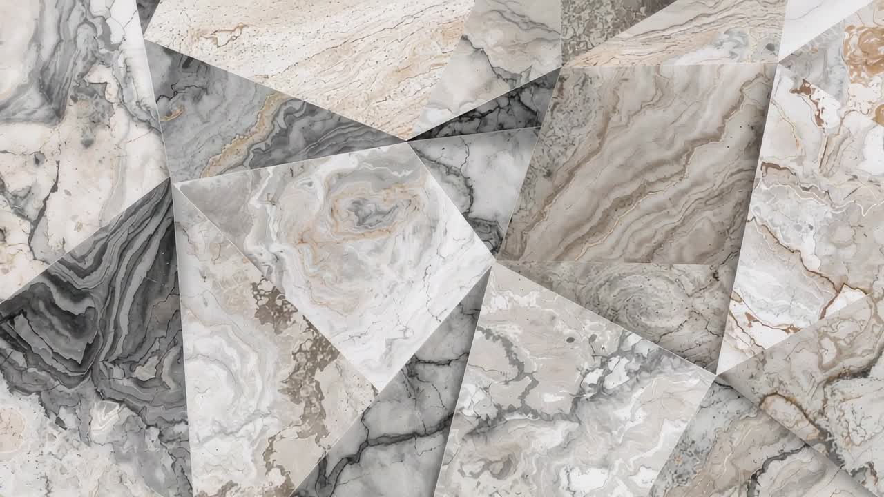 Animazione in avvio, pannelli triangolari in marmo che scorrono nei dettagli dello studio, rivelando giunture e venature
