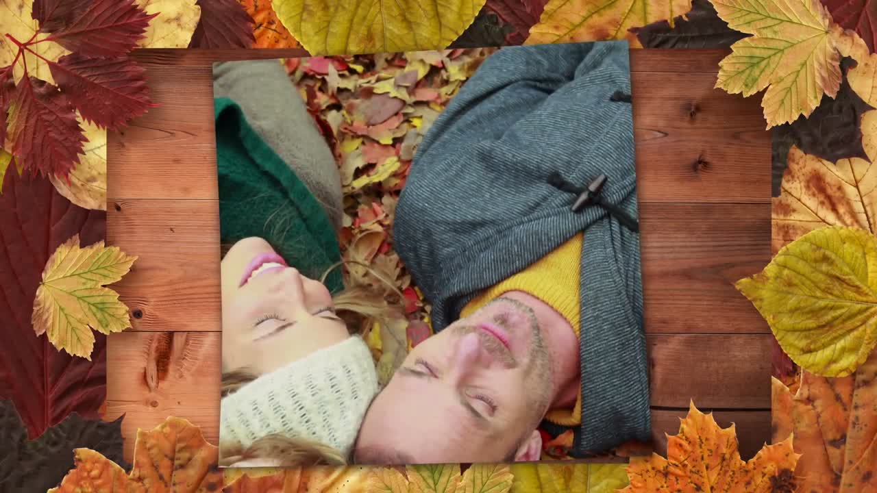 가을 잎 프레임과 화면 가을 숲에 누워있는 가족을 보여주는 4k
