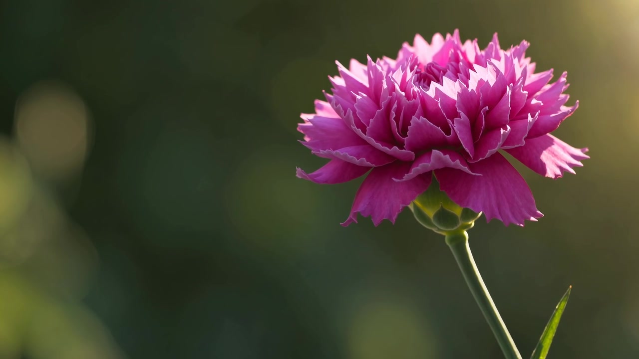 Garofano rosa singolo in fiore sotto la luce soffusa del sole