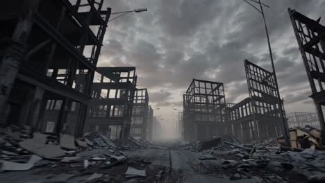 a dystopian video scene with a low-angle view of abandoned, skeletal buildings lining a desolate