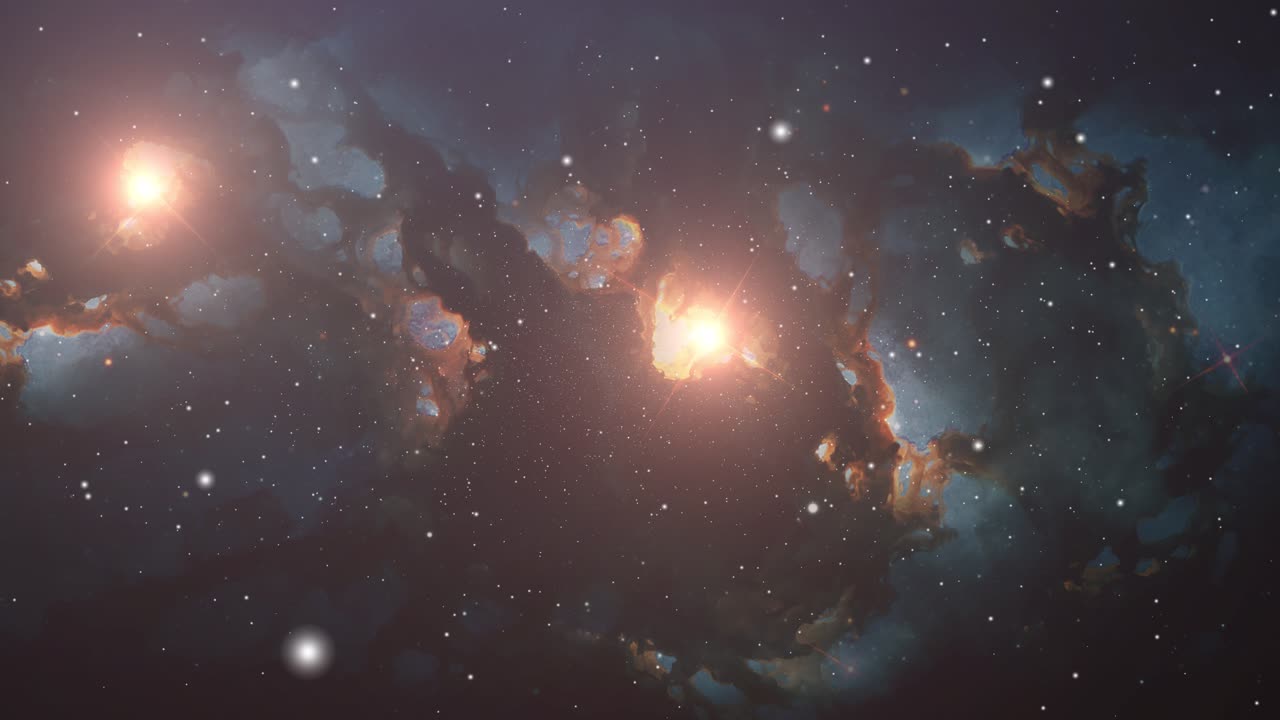 universo 4k, dos estrellas brillantes y nubes nebulosas en el espacio