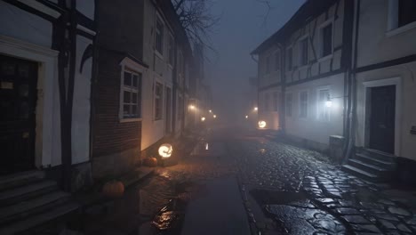 dense fog creeping through narrow cobblestone street in old european village at night, illuminated by street lights and glowing halloween pumpkins, creating mysterious atmosphere