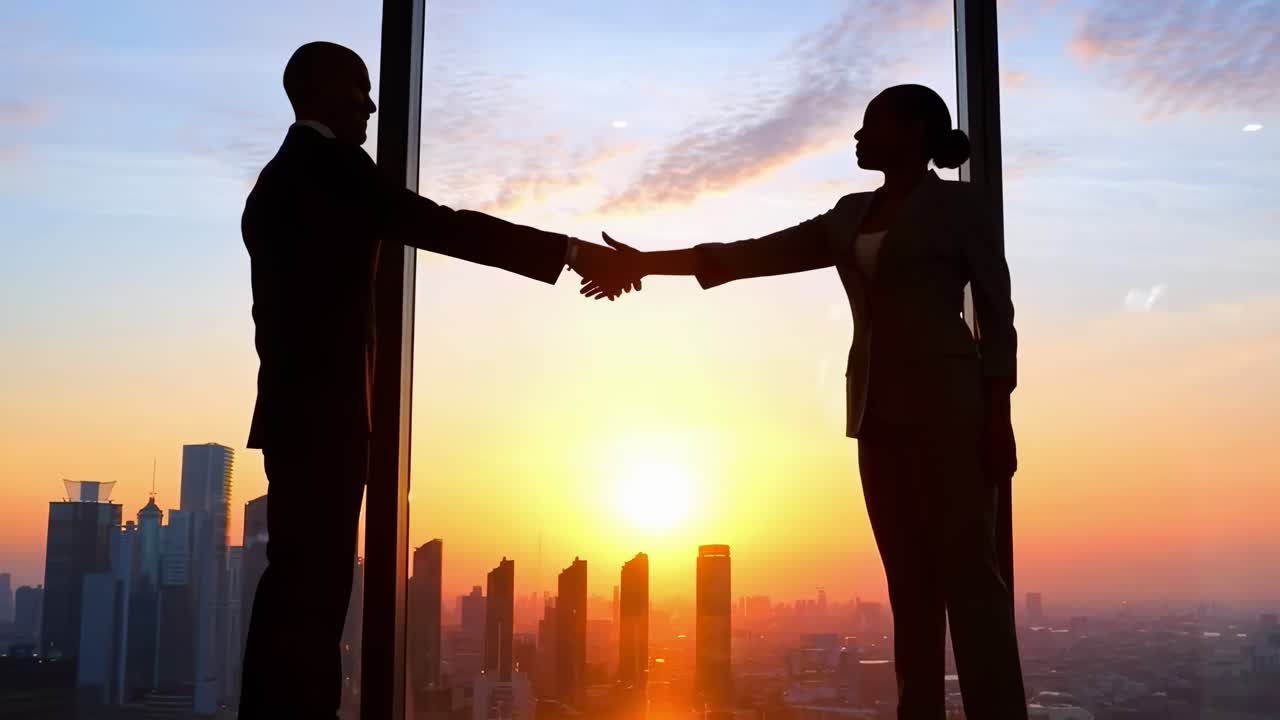 Silhouetted business duo in profile at sunset, cityscape view. Video shot from a low angle