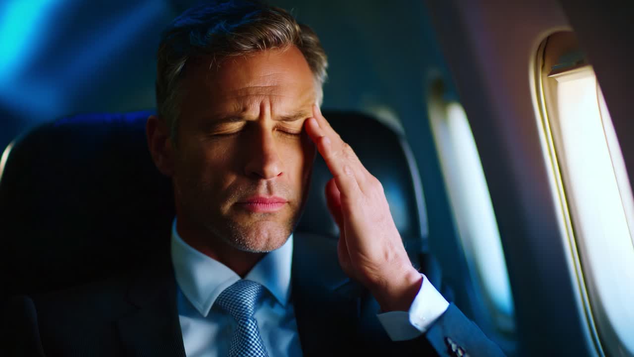 A Businessman Experiencing Discomfort on a Flight, Exhibiting Signs of Stress and Unease, Captured in Two Emotional Frames Illustrating a Moment of Reflection and Inner Turmoil Amidst Travel