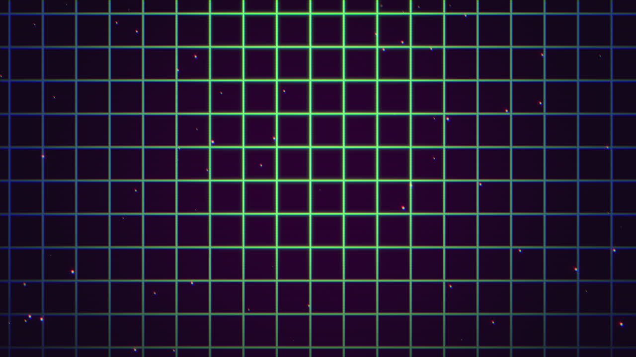 cuadrícula dinámica de líneas vibrantes en verde y púrpura sobre un elegante fondo negro
