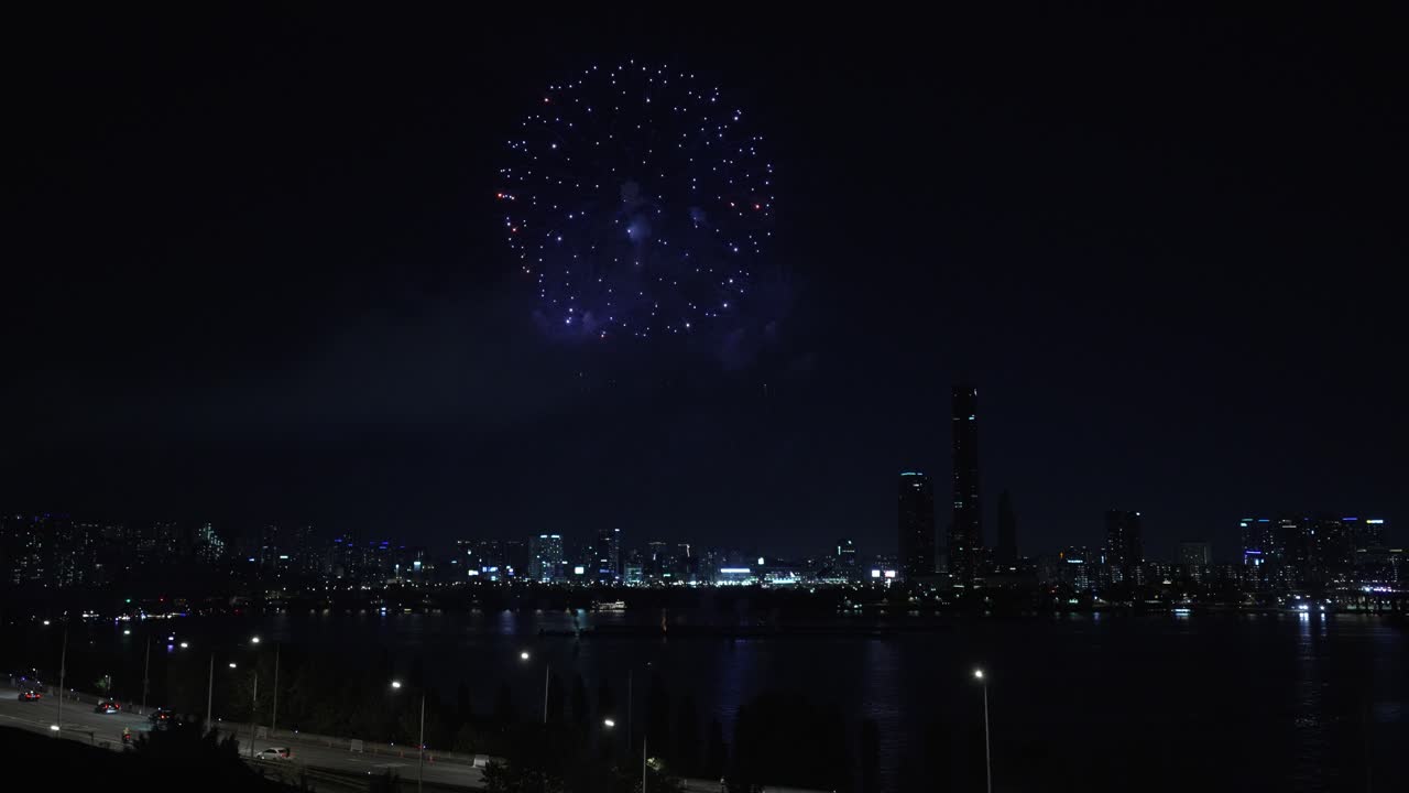 Scenic Panorama of Firework Display During Seoul International Firework Festival at the Yeouido Han River 2024