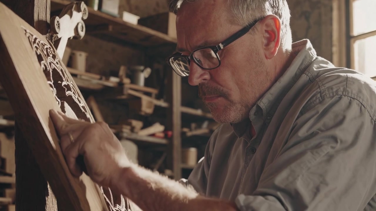 Abile intagliatore del legno che scolpisce disegni intricati in laboratorio