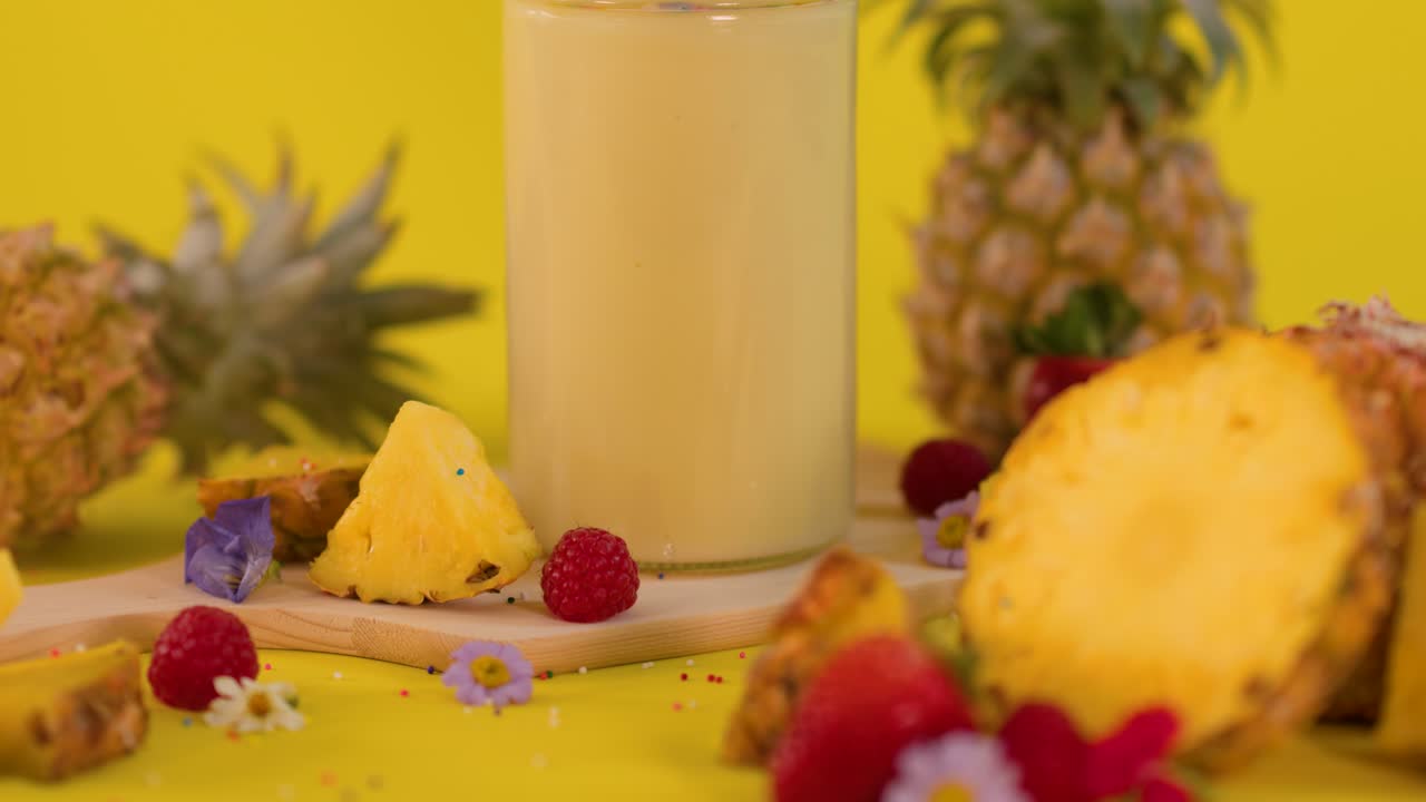 Hand adds decorative pineapple pick to creamy tropical milkshake with whipped cream, cherry, sprinkles
