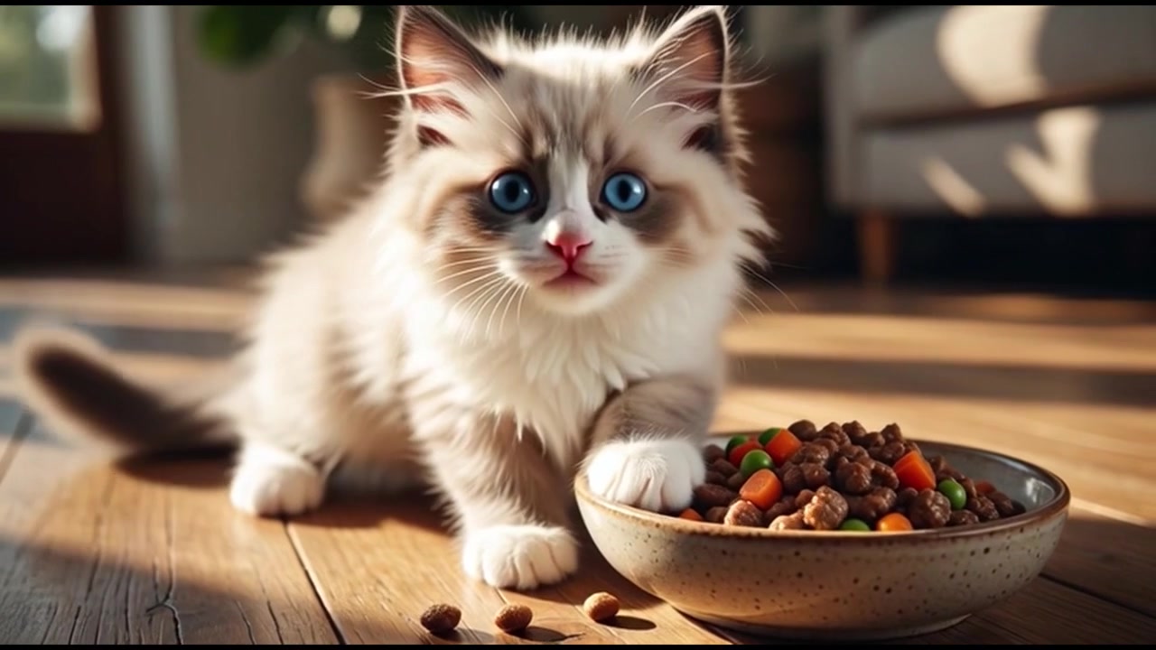 Flauschiges Ragdoll-Kätzchen frisst Futter aus Napf auf Holzboden
